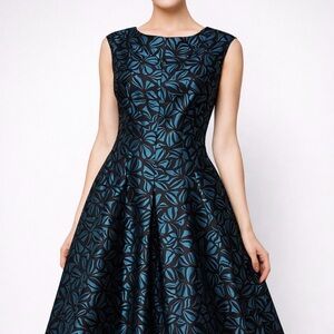 Anne Klein Black and Teal Floral Fit-and-Flare Midi Dress